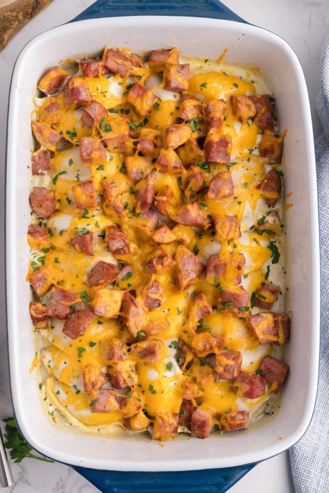 A baked Pierogi and Kielbasa Casserole.