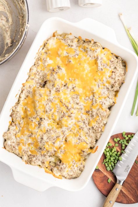 A baked baking dish of Patio Potatoes.