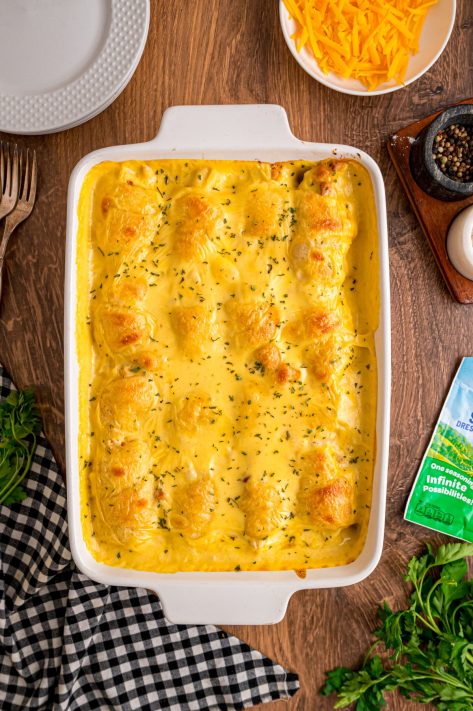 A baking dish filled with Cheesy Crescent Rolls.