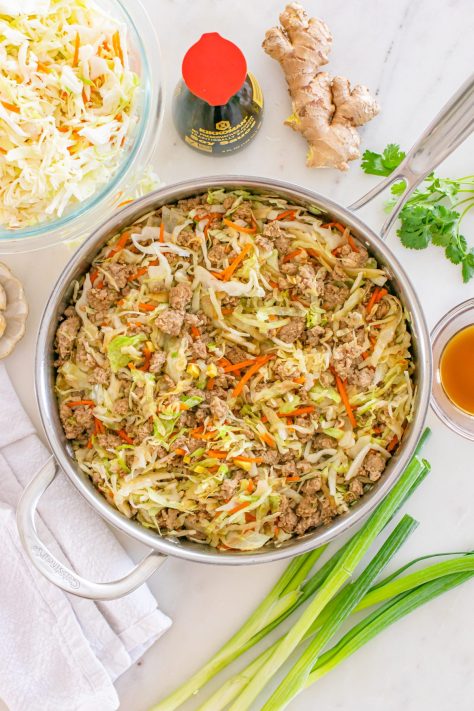 A skillet with Pork Egg Roll in a Bowl.