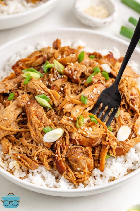 A fork in a plate of Crock Pot Honey Garlic Chicken.