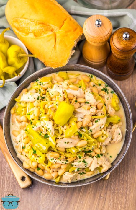 A large bowl of Slow Cooker Mississippi White Chicken Chili.