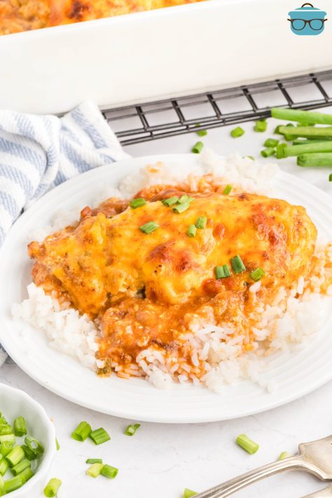 A white dinner plate with a serving of rice and Texas Trash Chicken.