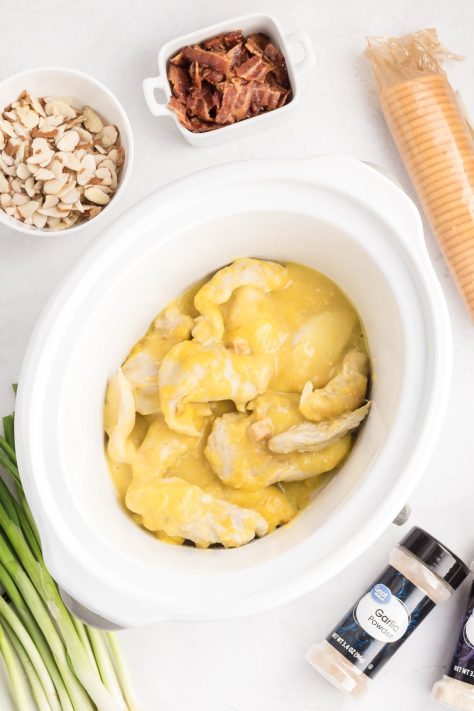 Cooked chicken and cream of chicken mixture in a Slow Cooker.