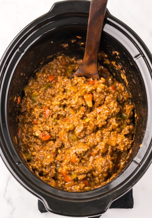 Root Beer Sloppy Joes cooking in a Slow Cooker.