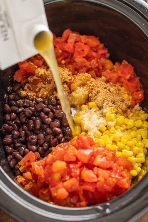 All the ingredients in a Slow Cooker to make Chicken Fajita Soup.