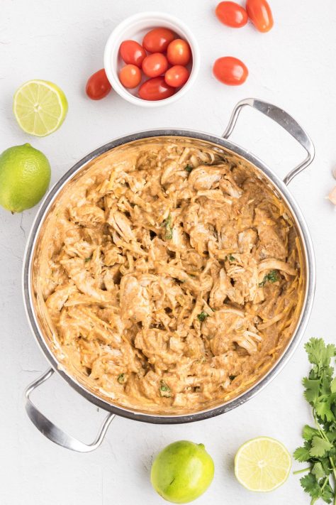 Chicken being added to green enchilada sauce mixture.