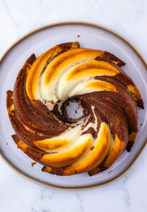 A baked marbled cake.