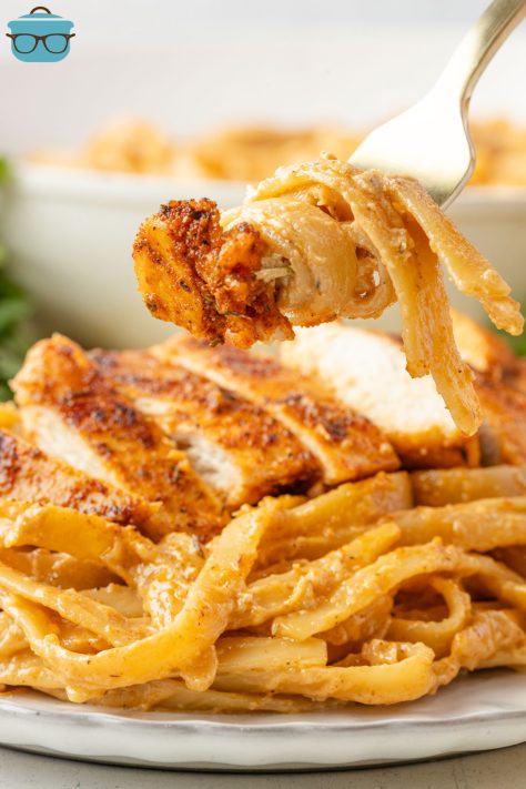 A fork getting a twirled up bite of Cajun Chicken Alfredo.
