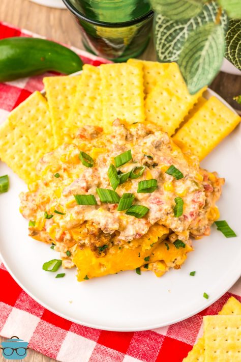 A bunch of Slow Cooker Cowboy Dip on a plate with crackers fanned around it.