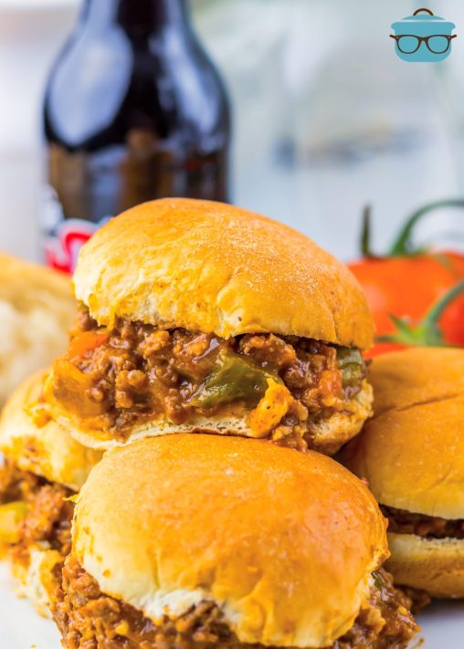 A small stack of Crock Pot Root Beer Sloppy Joes.