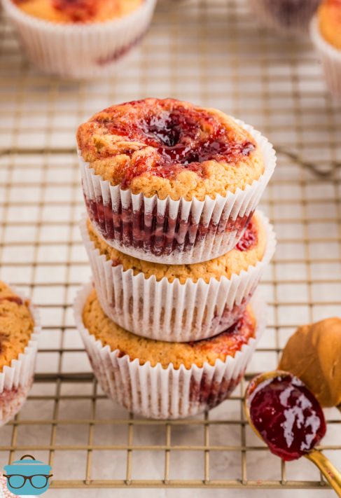 A small stack of Peanut Butter and Jelly Muffins.