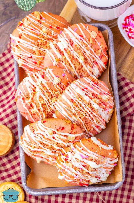 Looking down on a tray of homemade Strawberry Crunch Cookies.