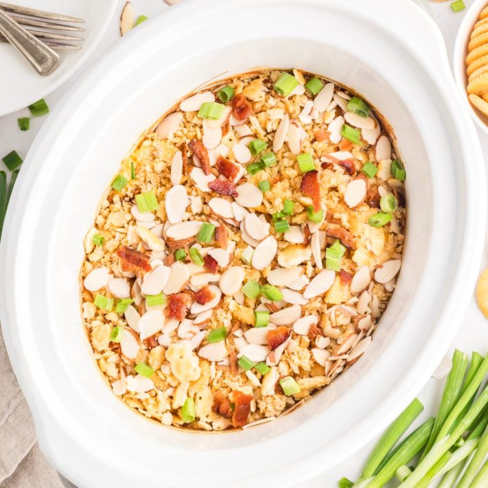 Looking down on a full Crock Pot Neiman Marcus Chicken Casserole.