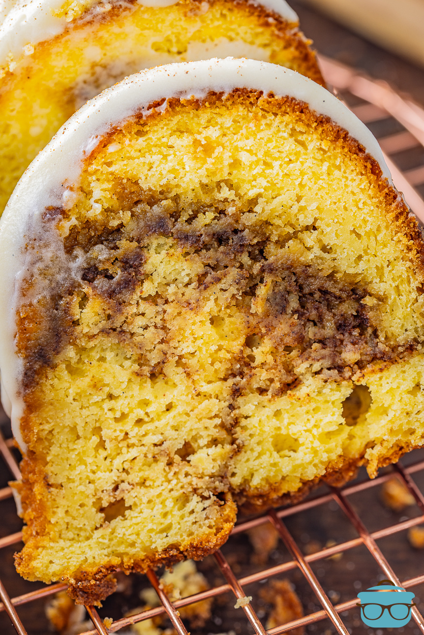 Close up looking at a slice of Cinnamon Roll Pound Cake.