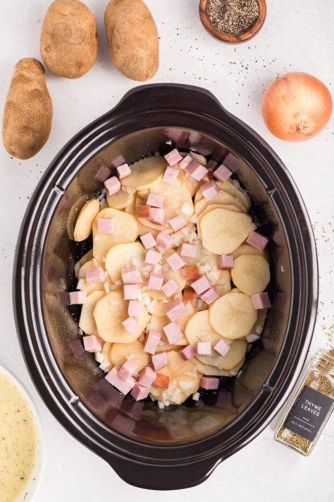 Potatoes, ham and spices in a Slow Cooker.