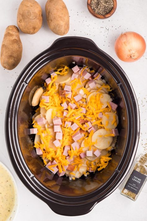 Cheese, potatoes, ham and spices in a Slow Cooker.