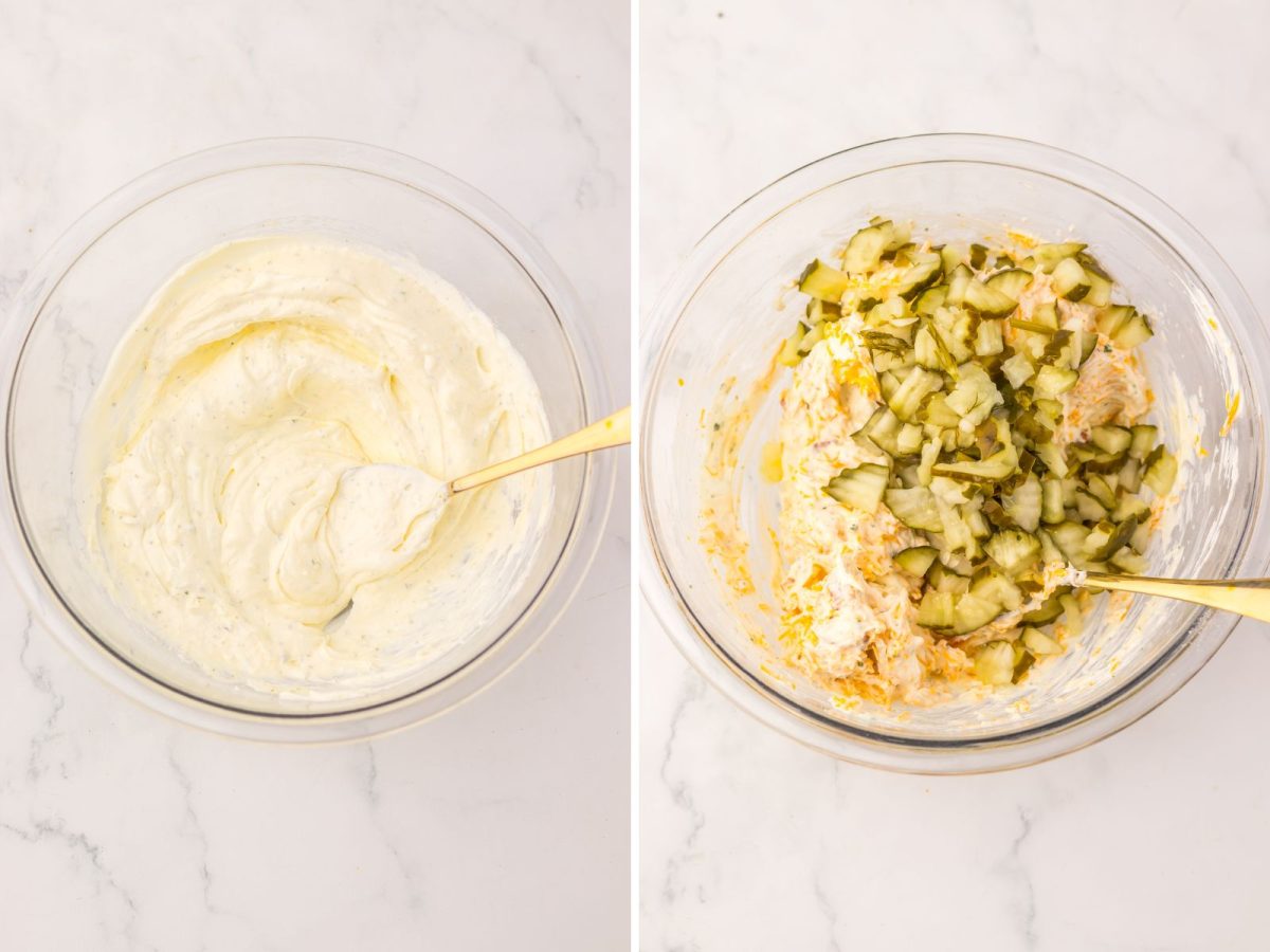 A bowl of Pickle Dip sauce and then pickles being mixed into the dip.