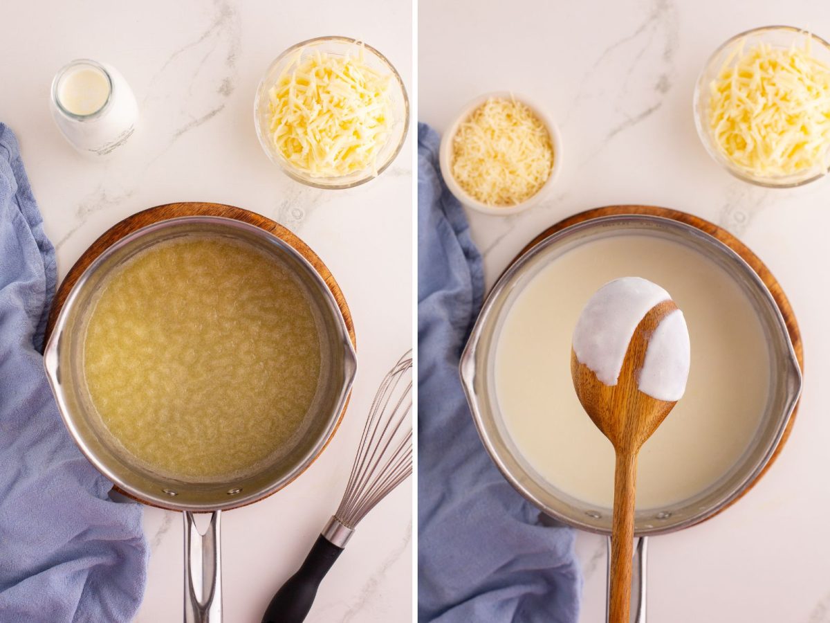 Butter melting in a saucepan and half and half getting added to the mixture.