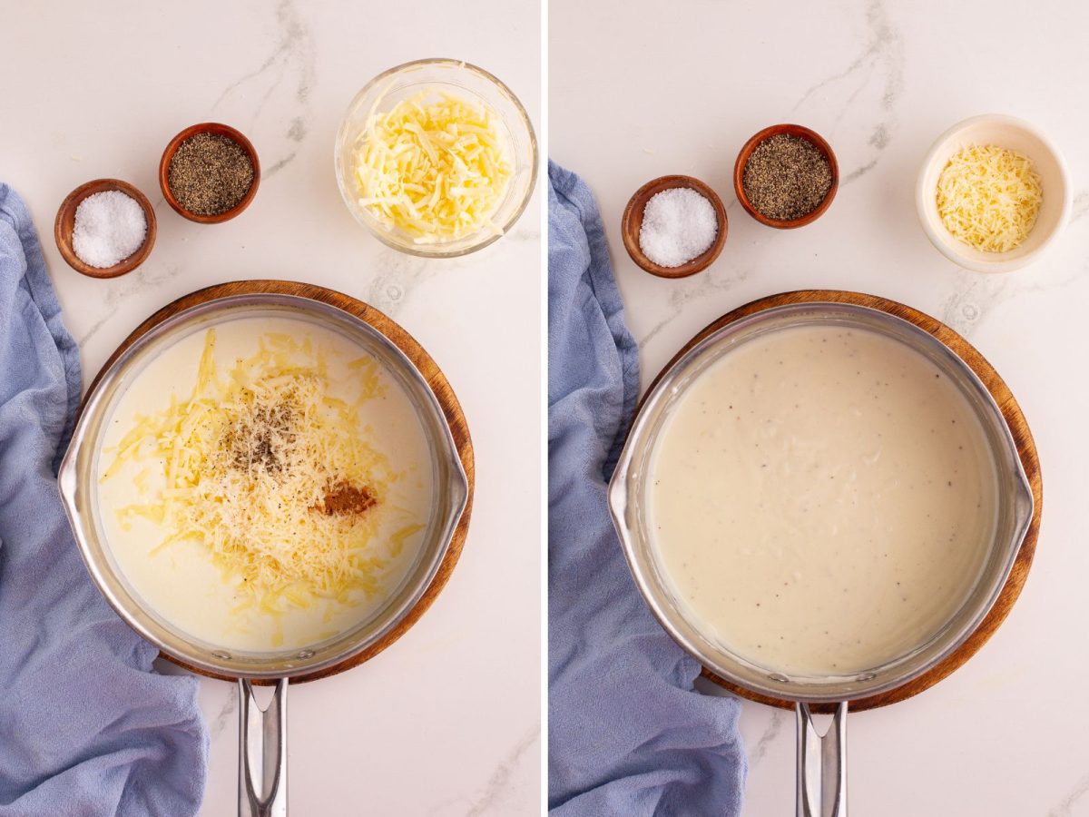 Cheeses and seasonings being added to a mixture in a saucepan.