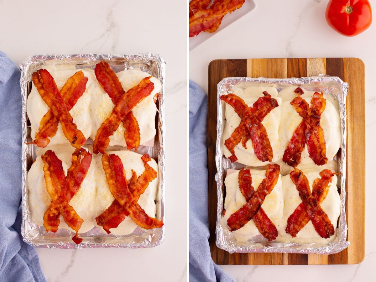 Bacon being added to sandwiches and the open faced sandwiches being baked.