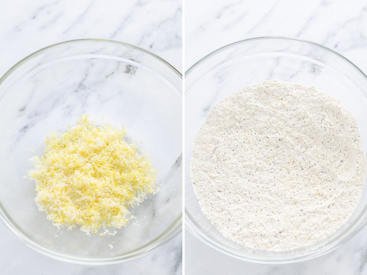 A bowl with lemon zest and sugar.