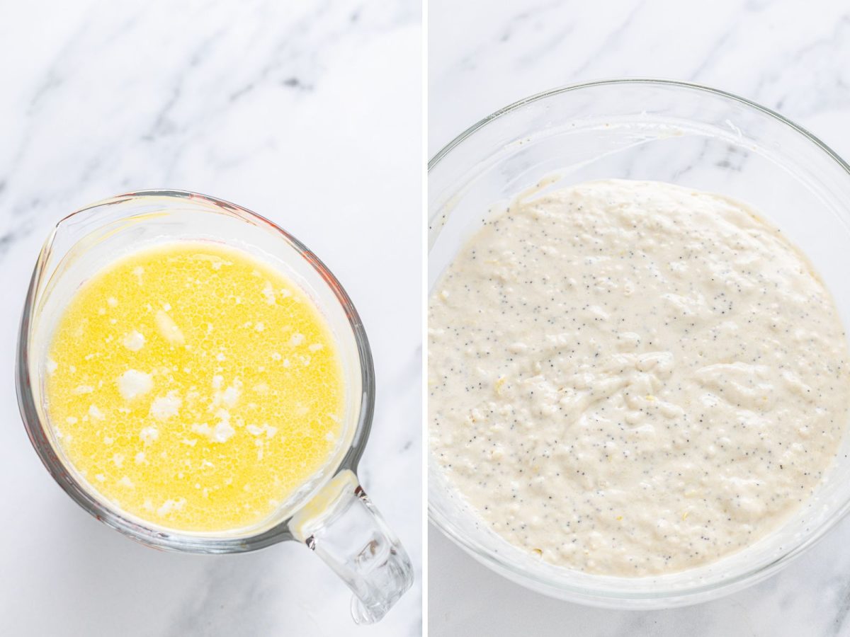 A bowl of melted butter and a bowl of biscuit batter.