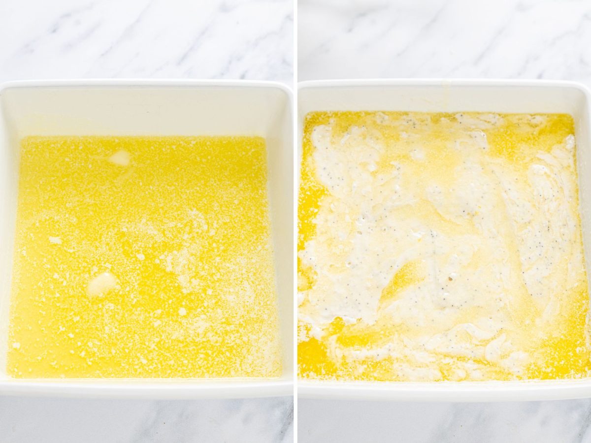 A baking dish with melted butter and a dish of butter and batter.