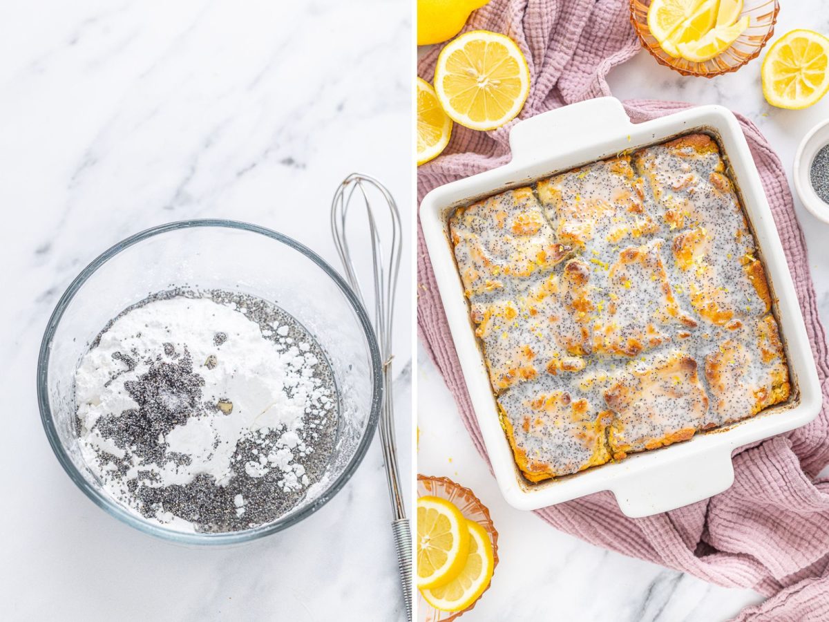 A bowl of lemon poppyseed glaze and glazed butter swim biscuits in a dish,