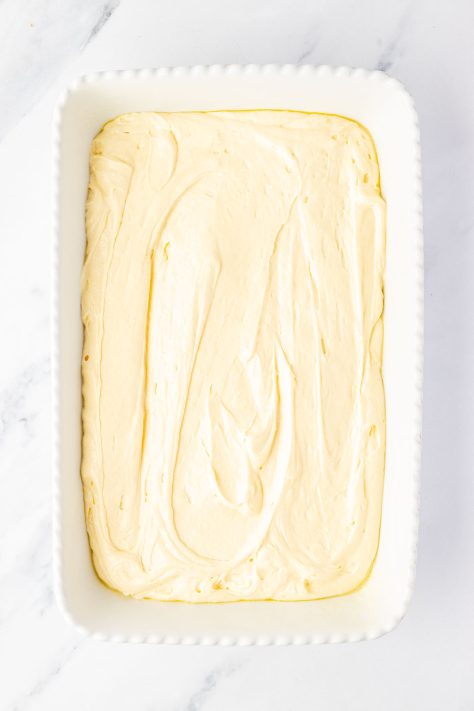 A baking dish with cake batter.