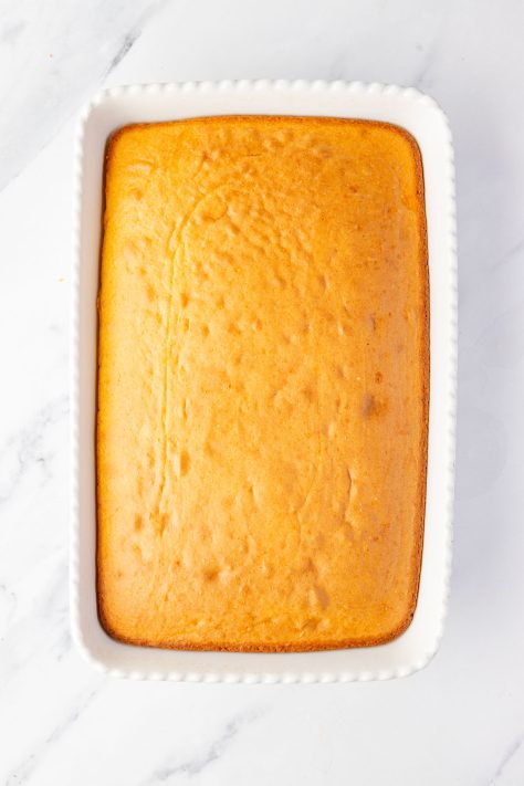 A baked cake in a baking dish.