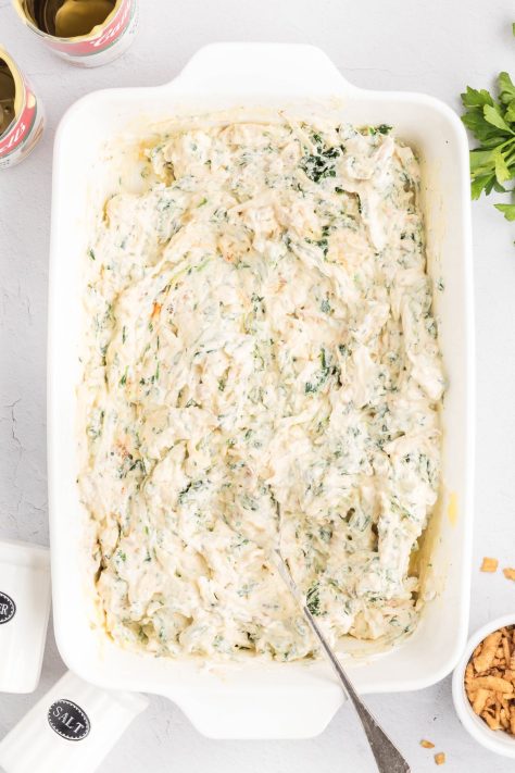 A creamy casserole mixture in a baking dish.
