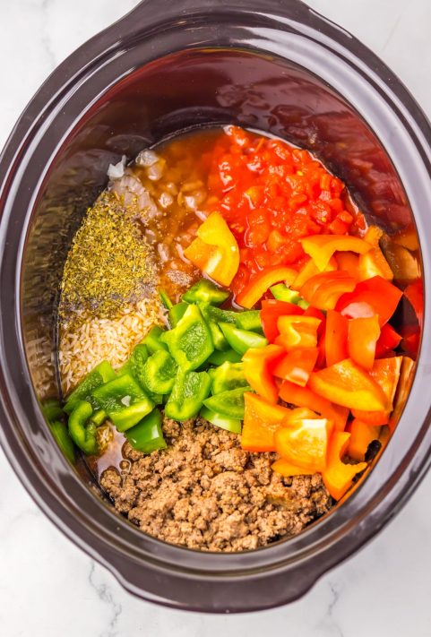 All the ingredients for Stuffed Pepper Casserole in the Slow Cooker waiting to be mixed.