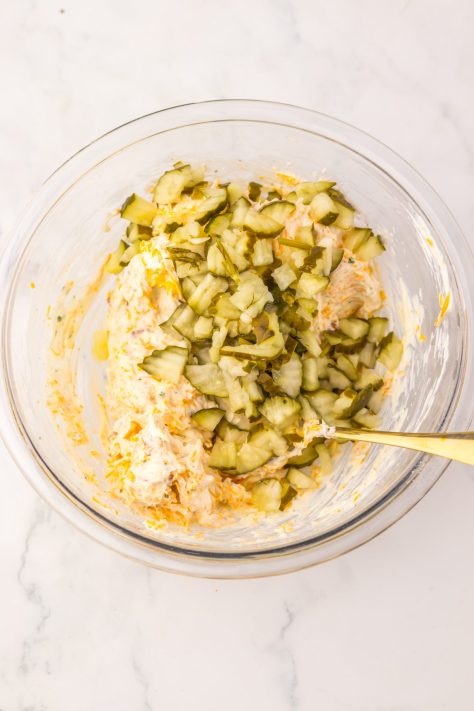 A bowl of pickle dip waiting to be mixed up.