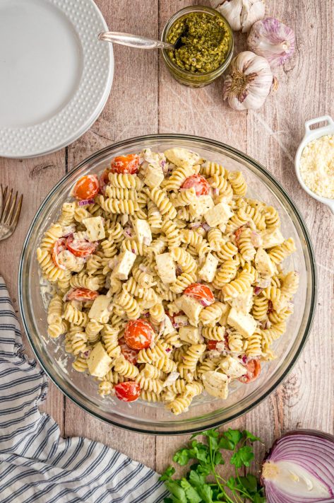 A full bowl of Caesar Basil Pasta Salad.
