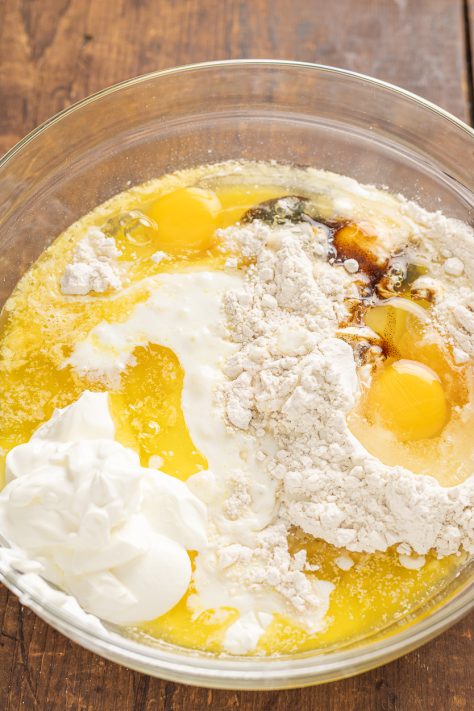 Cake batter ingredients in a bowl.