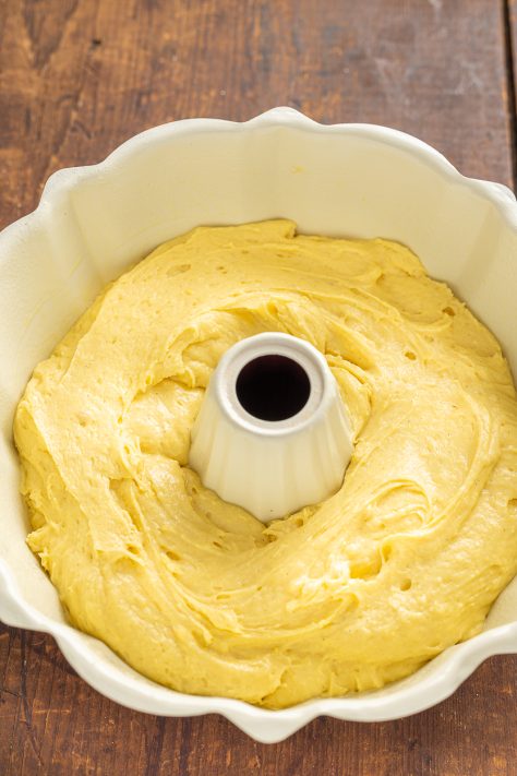 Cake batter in a bundt pan.