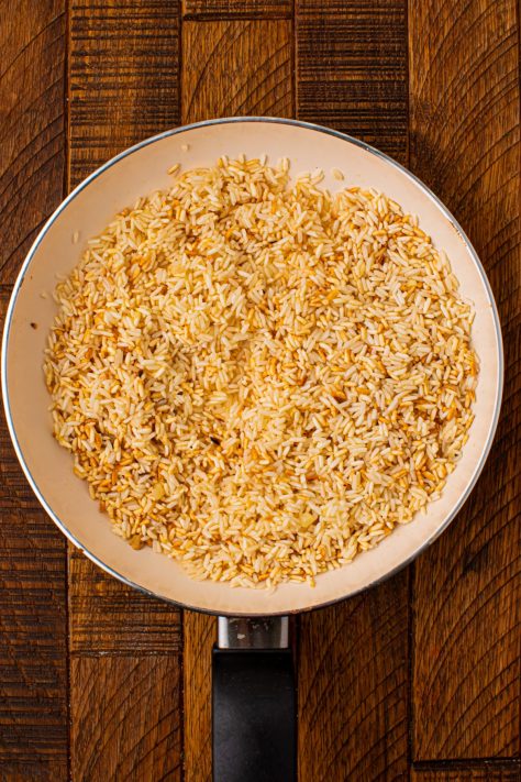 Rice in a skillet.