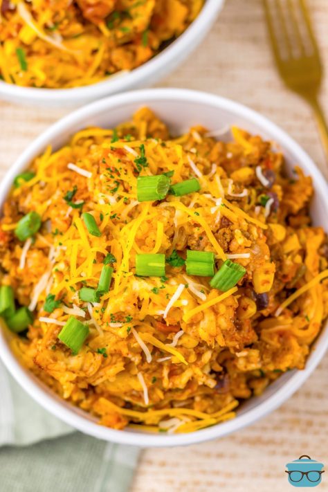 Looking down on a large bowl of Rice and Beef Burrito Bowl.