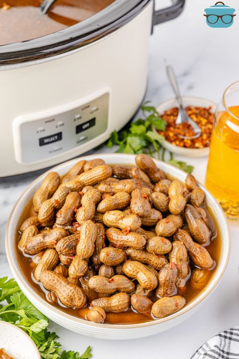 A large serving bowl of Boiled Peanuts in front of the Slow Cooker.