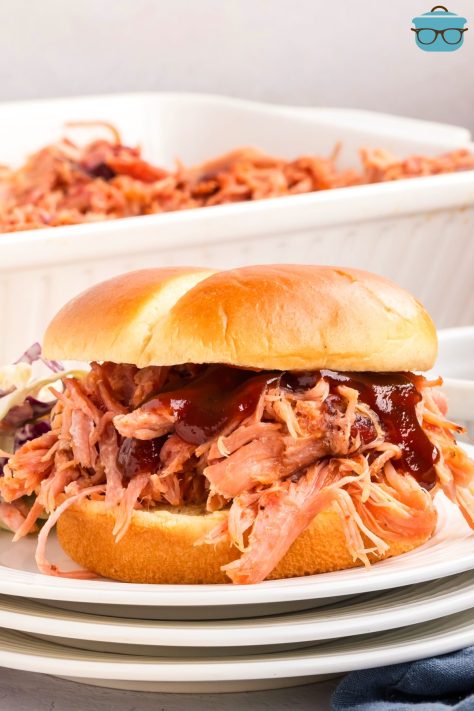 A bun with Pulled Ham on it.