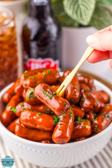 A toothpick getting a few Root Beer Litl Smokies.