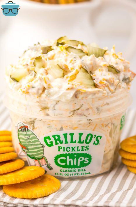 A Grillo's Pickle container full of the viral Pickle Dip.
