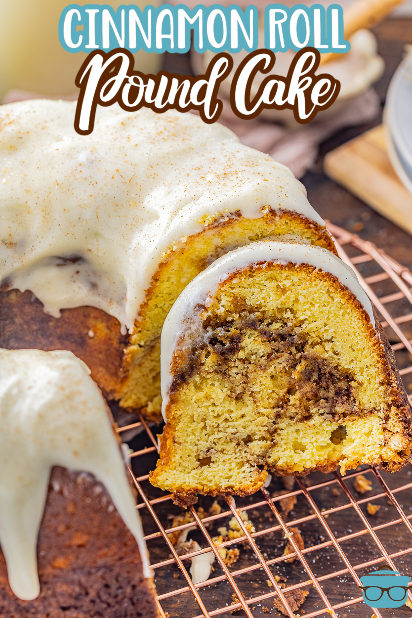 A Cinnamon Roll Pound Cake with frosting on a wire rack.