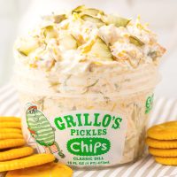 Close up looking at the plastic container of Grillos Pickle Dip.