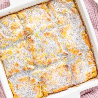 Looking down on a baking dish of Lemon Poppyseed Butter Swim Biscuits.