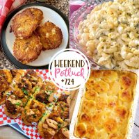 Weekend Potluck featured recipes include: Crispy Oven Fried Salmon Patties, Famous Macaroni Salad, Crispy Shrimp Rolls and Super Easy Cheesy Scalloped Potatoes!