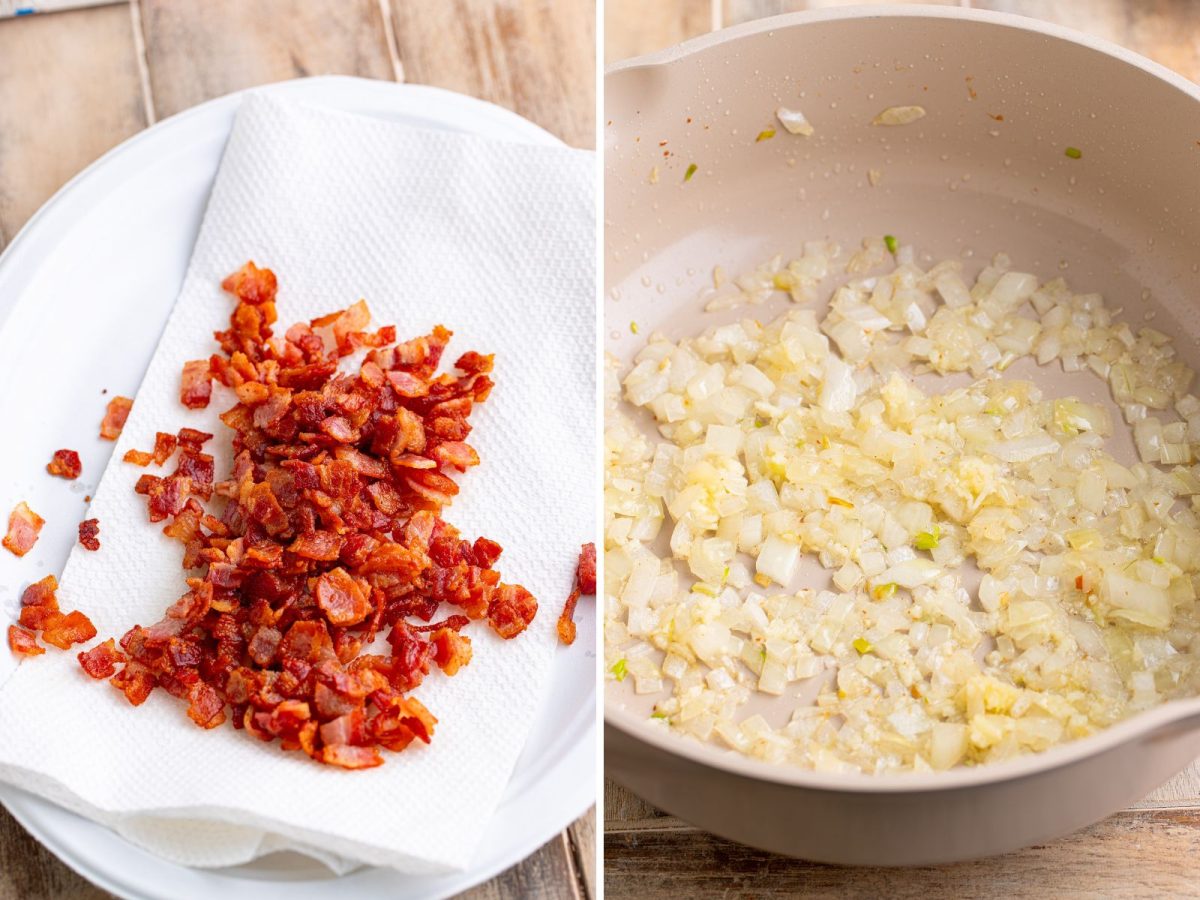 Bacon pieces on a few pieces of paper towels and a pan with diced onion. 