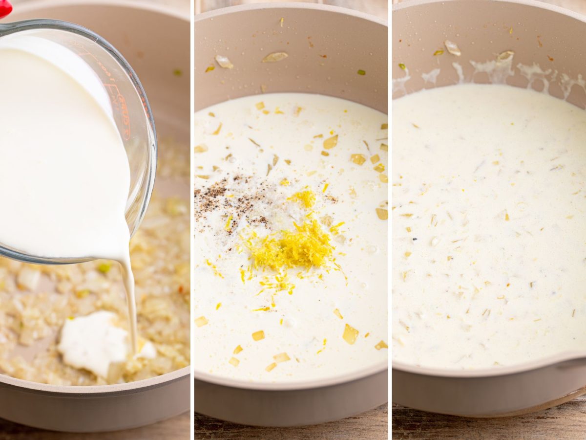 Heavy cream being added to sauteed onions and then a cream sauce being made in a skillet.