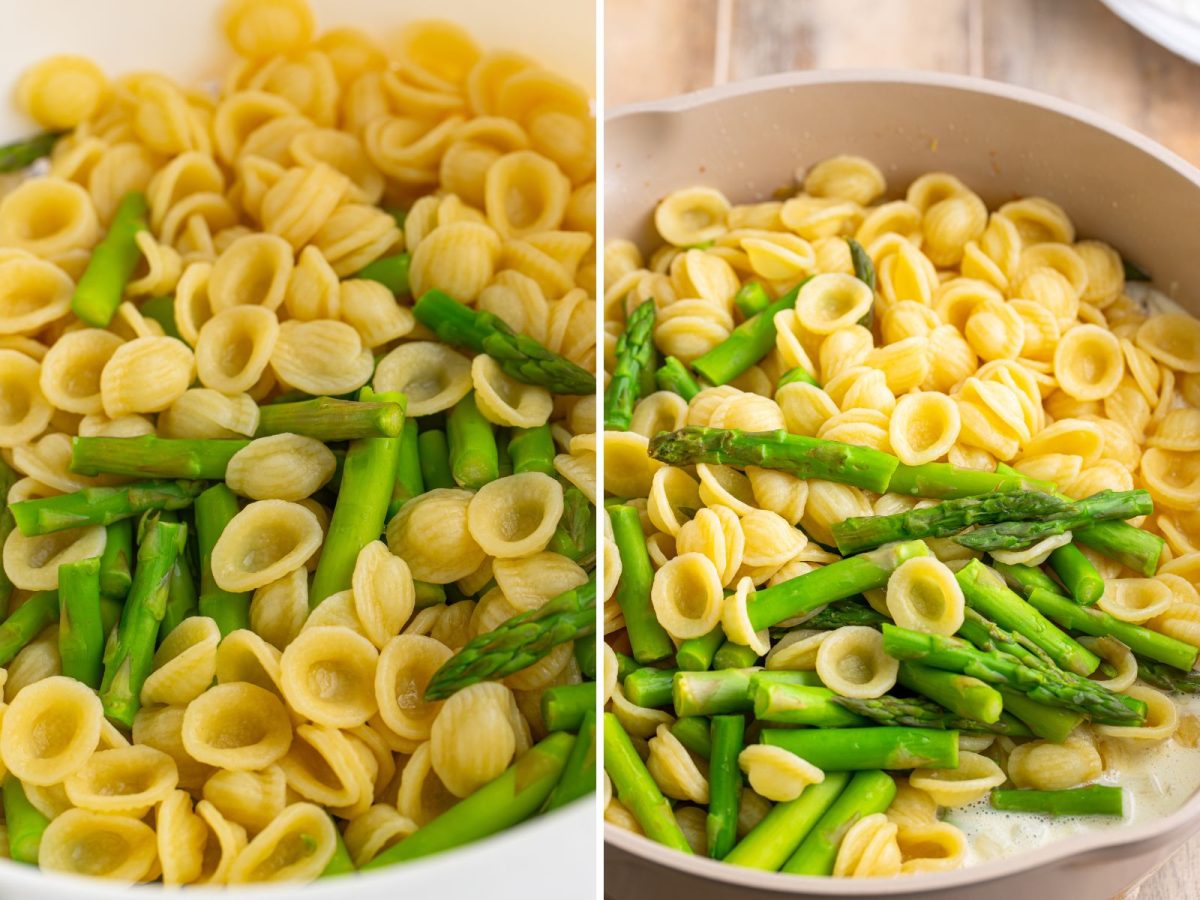 Cooked pasta and asparagus in a strainer and pan.